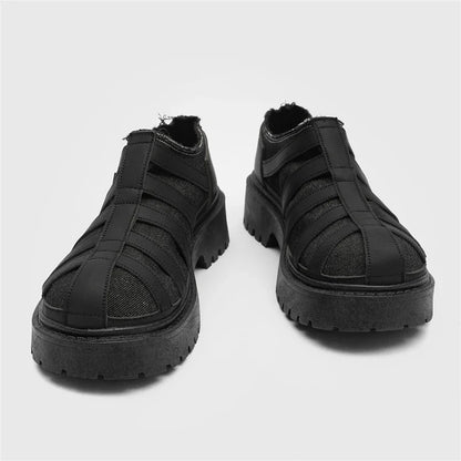 SIGNAL_12 ☰ Black Caged Split Leather Shoes-VOIDWEAR™
