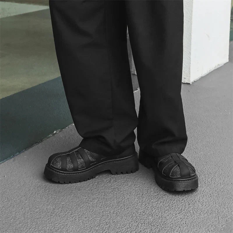 SIGNAL_12 ☰ Black Caged Split Leather Shoes-VOIDWEAR™