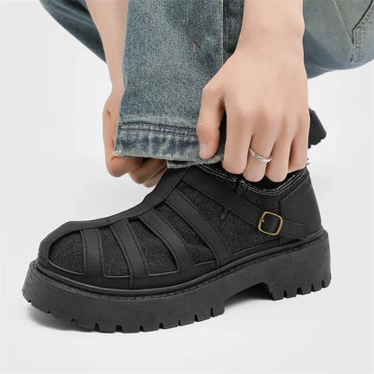 SIGNAL_12 ☰ Black Caged Split Leather Shoes-VOIDWEAR™