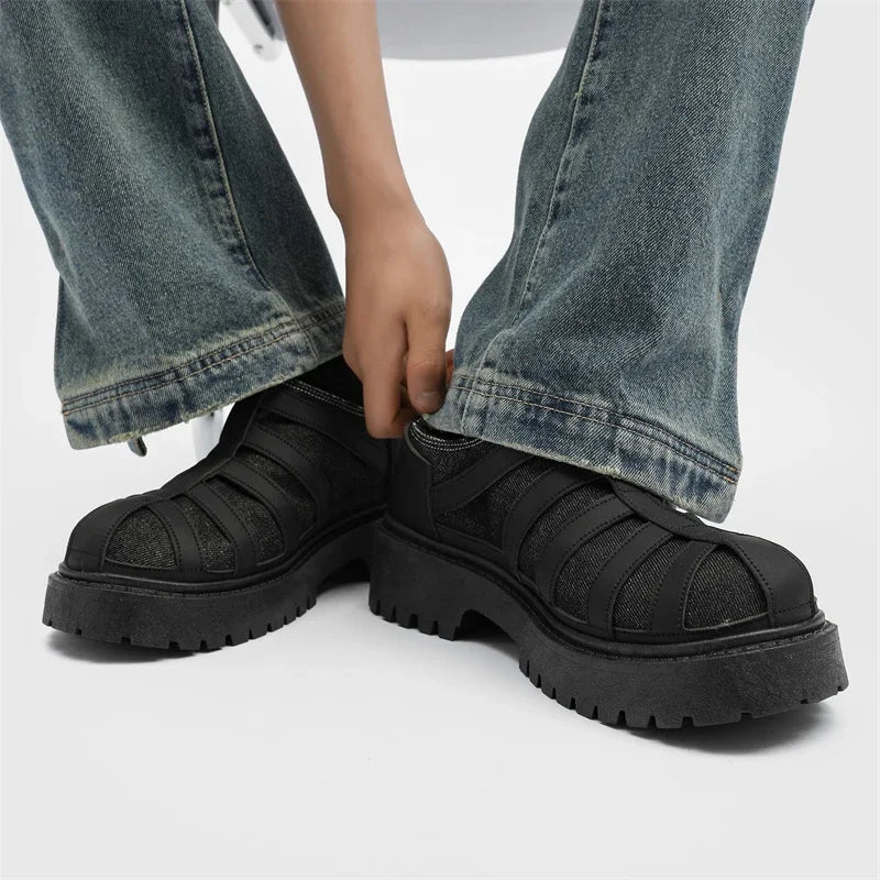 SIGNAL_12 ☰ Black Caged Split Leather Shoes-VOIDWEAR™