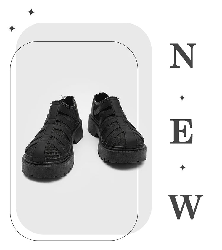 SIGNAL_12 ☰ Black Caged Split Leather Shoes-VOIDWEAR™