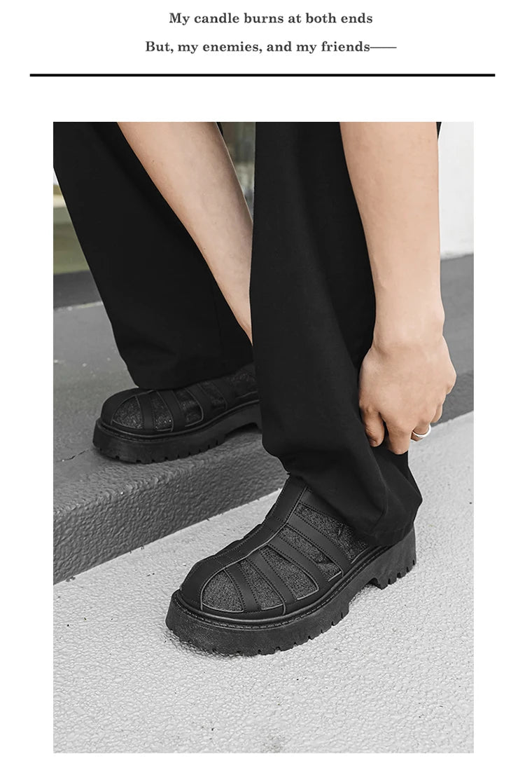 SIGNAL_12 ☰ Black Caged Split Leather Shoes-VOIDWEAR™