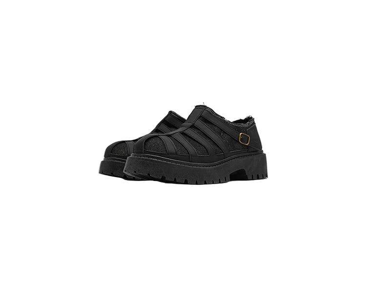 SIGNAL_12 ☰ Black Caged Split Leather Shoes-VOIDWEAR™