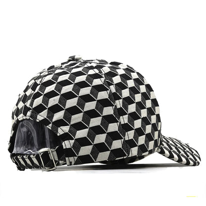 VOIDWEAR SIGNAL_CAP_11 ☰ washed cotton streetwear baseball cap with embroidered glyph and adjustable strap, unisex ritual-inspired headwear. Black and white checkered cap with geometric pattern on a white background