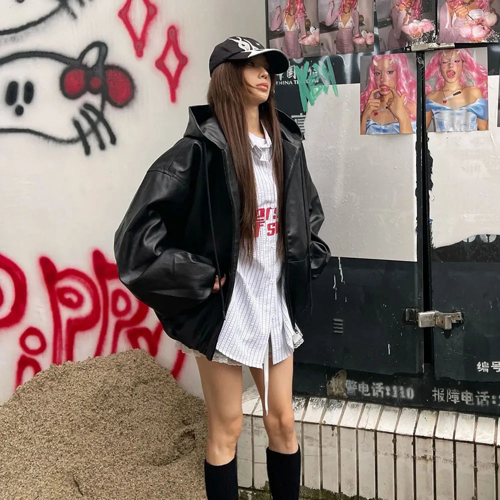 VANISH_06 ☰ Black PU Hooded Windbreaker-VOIDWEAR™