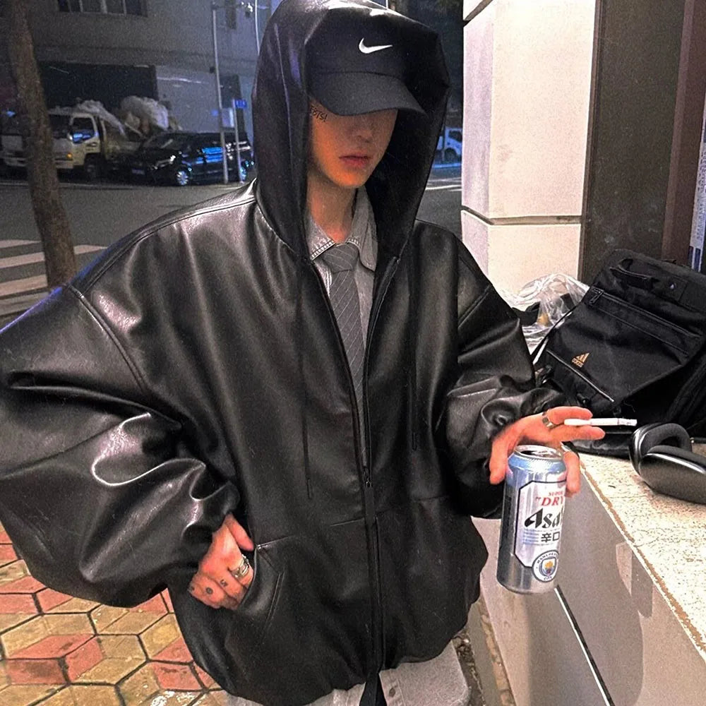 VANISH_06 ☰ Black PU Hooded Windbreaker-VOIDWEAR™