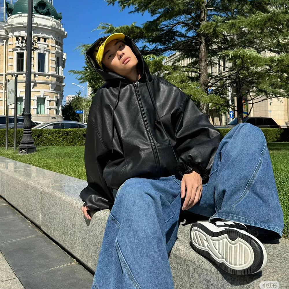 VANISH_06 ☰ Black PU Hooded Windbreaker-VOIDWEAR™