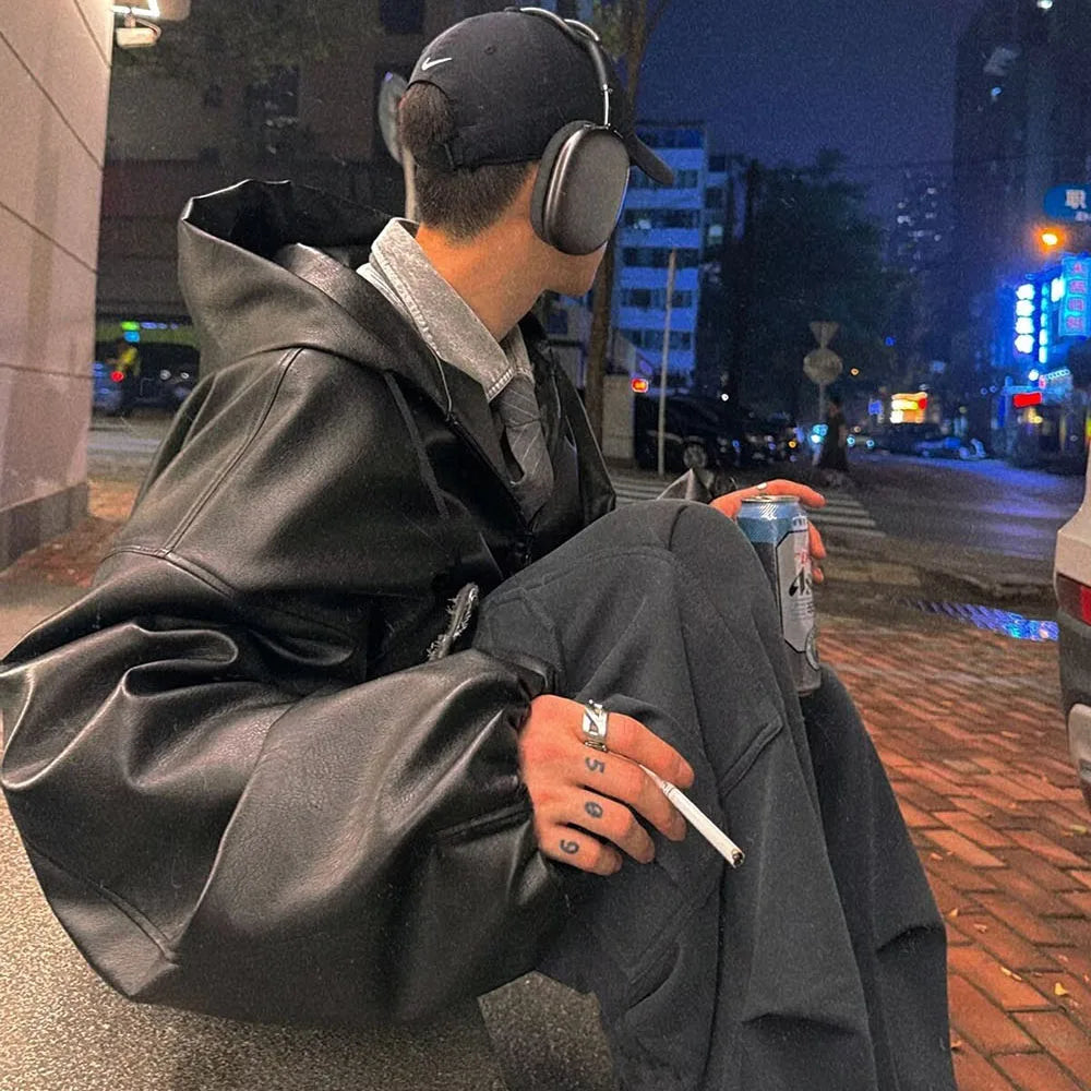 VANISH_06 ☰ Black PU Hooded Windbreaker-VOIDWEAR™