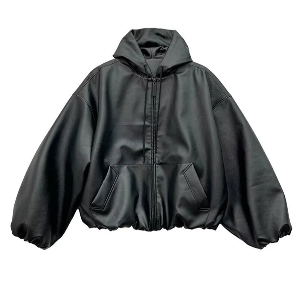 VANISH_06 ☰ Black PU Hooded Windbreaker-VOIDWEAR™