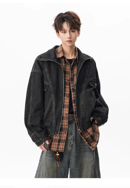 VOIDWEAR VDR_SIGNAL_07 denim jacket washed vintage deconstructed stand collar, men’s autumn winter streetwear USA EU