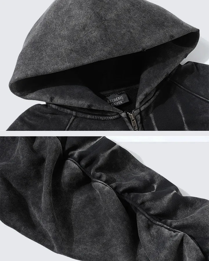 VEIL_07 ☰ Distressed Zip-Up Heavyweight Hoodie-VOIDWEAR™