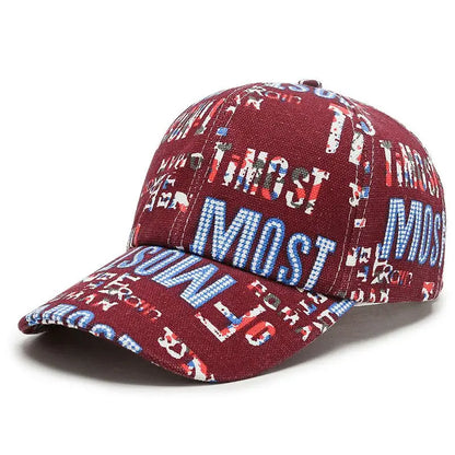 SIGNAL_VANISH_06 Cap | VOIDWEAR Ritual-Inspired Streetwear. Maroon baseball cap with multicolor text pattern on a white background
