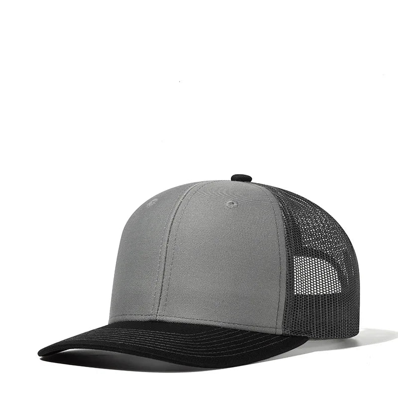 Unisex camouflage cotton dome cap with wide brim and adjustable strap, vanish-core streetwear hat by VOIDWEAR Gray and black trucker cap on a white background