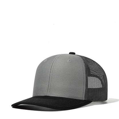 Unisex camouflage cotton dome cap with wide brim and adjustable strap, vanish-core streetwear hat by VOIDWEAR Gray and black trucker cap on a white background