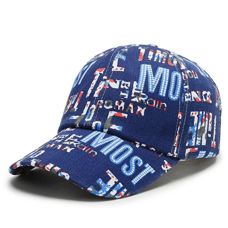 SIGNAL_VANISH_06 Cap | VOIDWEAR Ritual-Inspired Streetwear. Blue cap with multicolor text pattern on a white background