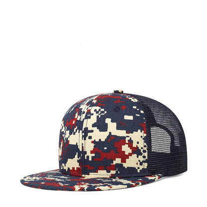 Unisex camouflage cotton dome cap with wide brim and adjustable strap, vanish-core streetwear hat by VOIDWEAR. Camouflage-patterned cap with mesh back on a white background