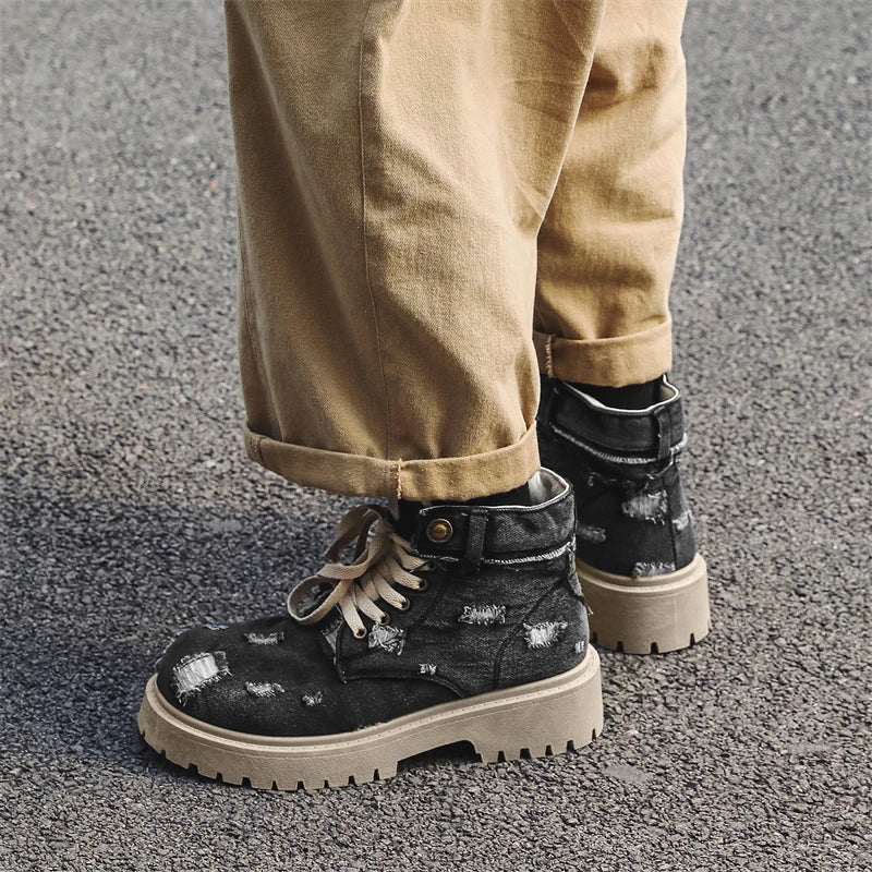 VOIDWEAR SIGNAL_VANISH_12 ☰ men’s denim ankle boots with lace-up closure, EVA insole, rubber outsole, ritual-inspired streetwear design