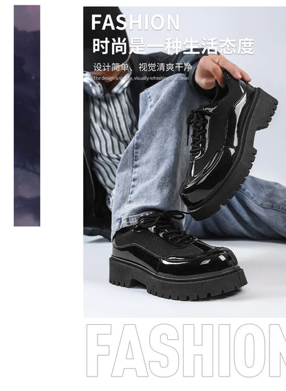 VOIDWEAR men’s ritual-inspired PU leather shoes – minimalist techwear style for U.S. and EU streetwear markets. Person wearing black glossy shoes with text about fashion and lifestyle on a white background