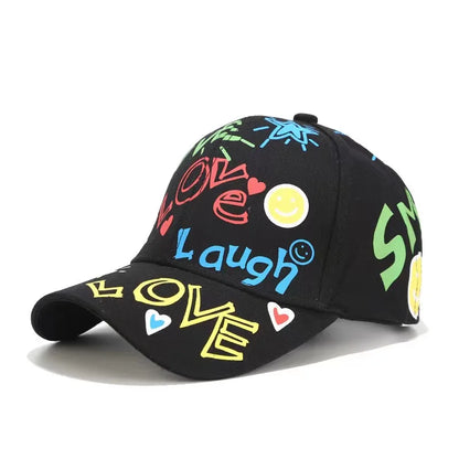 VOIDWEAR SIGNAL_VANISH_05 graffiti print cotton baseball cap with adjustable strap, designed for urban summer shadow-motion style. Black cap with colorful text and graphics on a white background