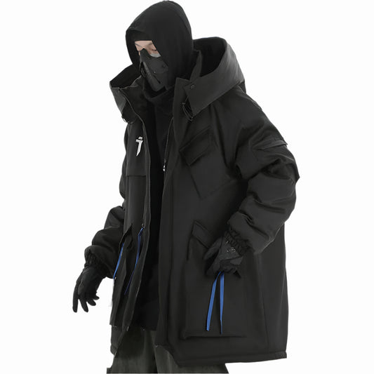 BLACK VOIDWEAR VANISH_OPS_07 oversized hooded tactical parka with thermal fill and multi-pocket design for winter streetwear in urban and outdoor settings