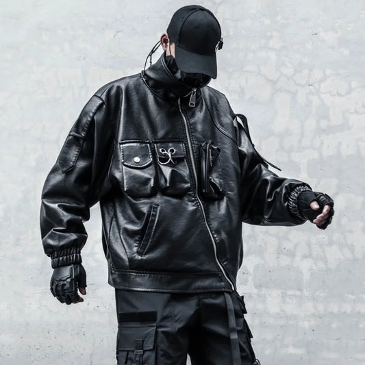 VOIDWEAR VDR_VANISH_09 multi-pocket PU leather tactical jacket in punk techwear style, autumn/winter streetwear silhouette