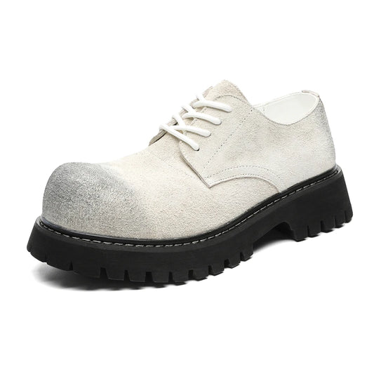 Men’s VOIDWEAR VDR_SIGNAL_03 derby shoes in black leather with thick rubber sole, slip-on design, and ritual-inspired streetwear aesthetic. White leather shoe with a thick black sole on a white background