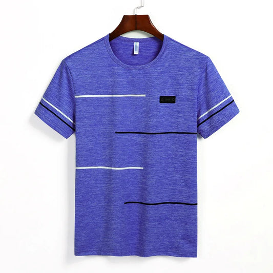Oversized VOIDWEAR SIGNAL//VANISH_07 tee in black cotton-poly blend, breathable summer fit, plus-size inclusive streetwear. Blue t-shirt with white and black stripes on a hanger against a white background