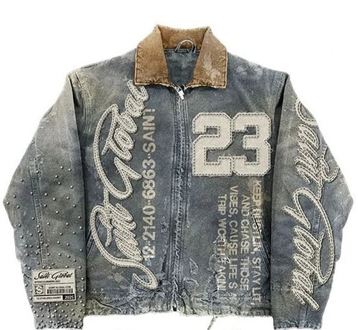 VOIDWEAR VDR_12 washed denim oversized hip hop jacket with embroidered letter patches, unisex four-season streetwear