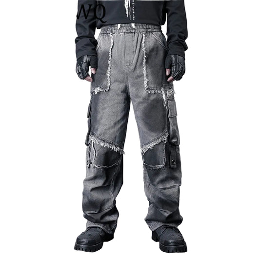 VOIDWEAR SIGNAL_THREAD_07 ☰ wide-leg denim jeans styled in Los Angeles street set, tie-dye pattern visible along heavy seam stitching