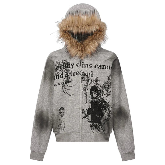 VOIDWEAR VDR05_SILENCE brown tie-dye hoodie with fur collar and embroidered signal glyph, oversized unisex Harajuku streetwear, mid-weight 180gsm — U.S. & EU winter style.
