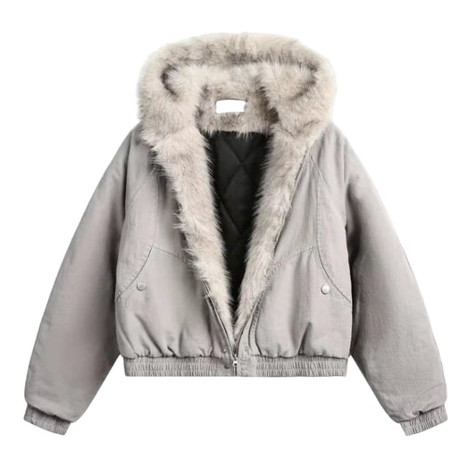 VOIDWEAR™ VDR_25 — a unisex oversized plush hooded jacket. Gray jacket with fur-lined hood on a white background