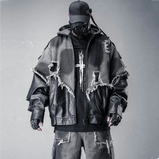 VOIDWEAR VDR_VANISH_05 jacket — ritual-inspired denim and PU leather techwear with vanish-mode hood and shadow-motion design