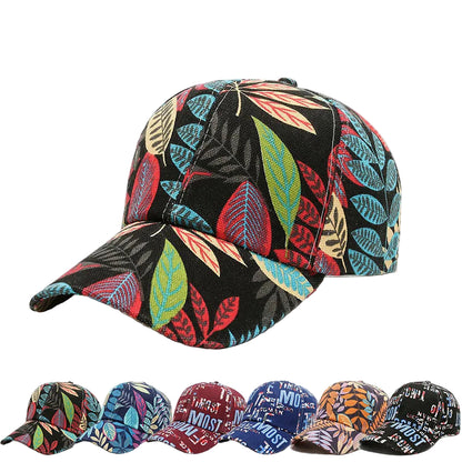SIGNAL_VANISH_06 Cap | VOIDWEAR Ritual-Inspired Streetwear. Colorful leaf-patterned cap with 'Trends' branding on a white background