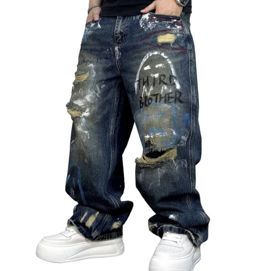 VOIDWEAR VDR_VANISH_05 ☰ graffiti baggy jeans, distressed wash, hand-drawn glyph motifs, loose straight-leg streetwear denim