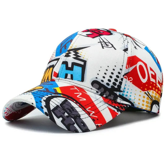 VOIDWEAR SIGNAL_VANISH_09 cotton graffiti baseball cap with adjustable strap, designed for four-season urban streetwear in the U.S. and EU. Multicolored cap with graphic design on a white background