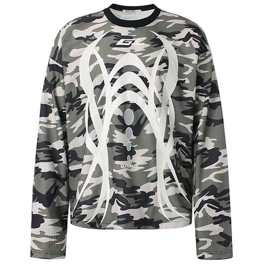 VOIDWEAR oversized camo tee with glyph and vanish-mode hood, 100% cotton, streetwear long sleeve