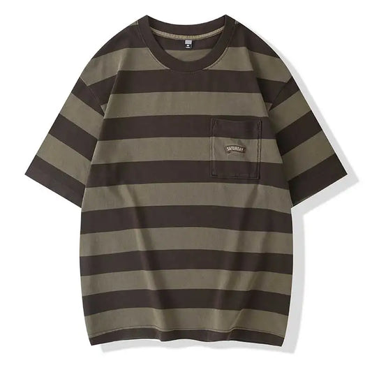 VOIDWEAR striped oversized tee with vanish-mode system, 100% cotton, summer streetwear. Brown and green striped t-shirt with a pocket on a white background