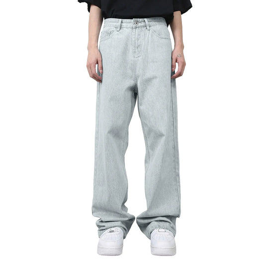 VOIDWEAR VDR_VANISH_01 ☰ hybrid overalls-style baggy jeans, distressed light denim, glyph tab signal detailing, streetwear silhouette