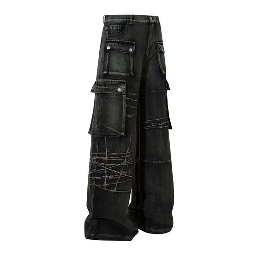 VOIDWEAR Vanish Denim black cargo jeans, oversized fit, embroidered glyph patch, U.S. streetwear capsule 2025