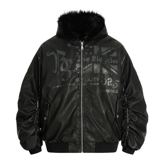 VOIDWEAR SIGNAL_FURCODE_07 ☰ PU leather fur-collar parka photographed in Berlin winter street — hood up, glyph visible near zipper seam.
