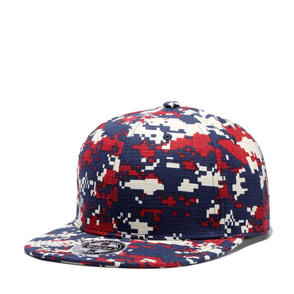 Unisex camouflage cotton dome cap with wide brim and adjustable strap, vanish-core streetwear hat by VOIDWEAR. Camouflage-patterned cap with red, blue, and white colors on a white background