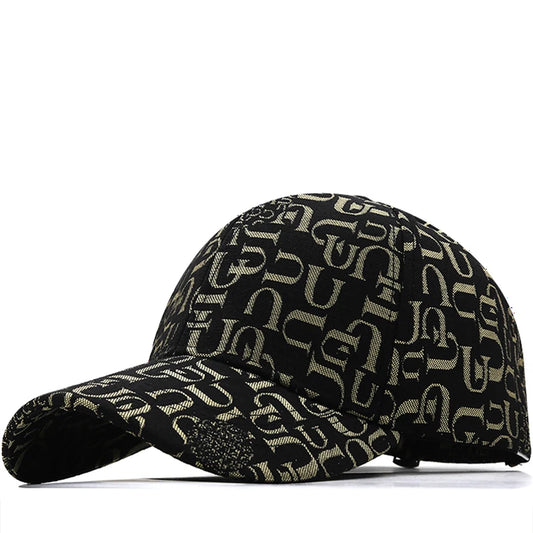 VOIDWEAR SIGNAL_VANISH_05 graffiti washed cotton snapback cap with embroidered insignia, photographed in U.S. urban summer streetwear setting. Black cap with beige pattern on a white background