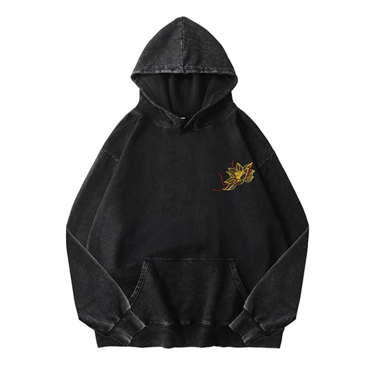 VOIDWEAR SIGNAL_BLOOM_08 ☰ embroidered vintage washed hoodie worn in Tokyo backstreet — floral glyph visible across chest.